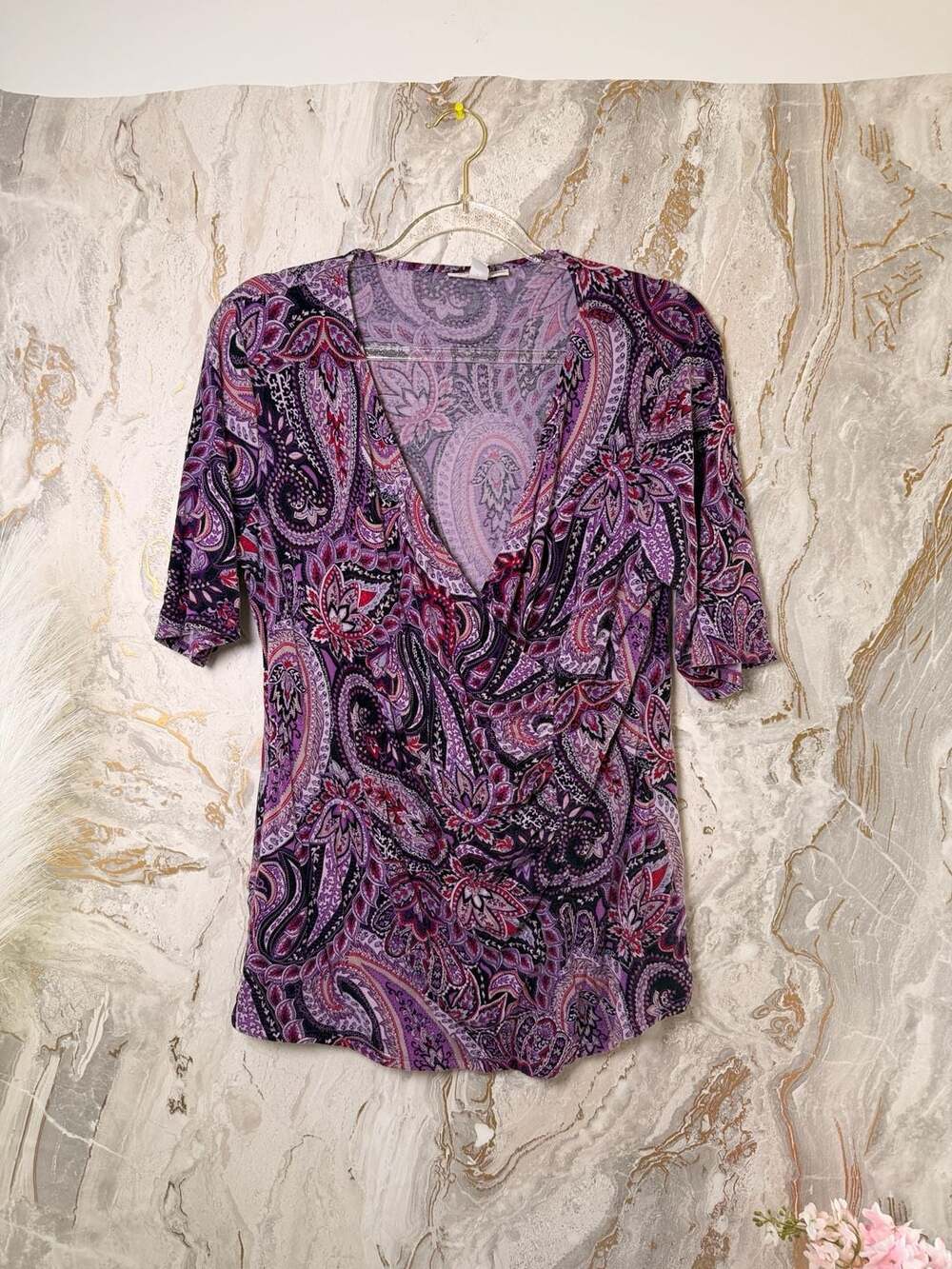 Dana Buchman Purple Black Paisley Faux Wrap Short Sleeve Blouse XL